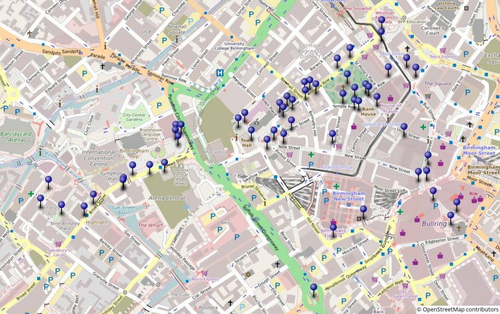 The pins show the sites visited on all three trails.